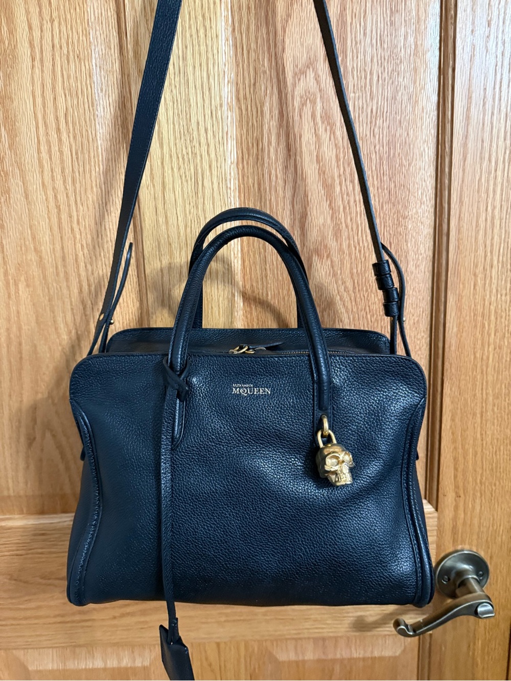Alexander McQueen Black Leather Satchel with Gold Skull Accent